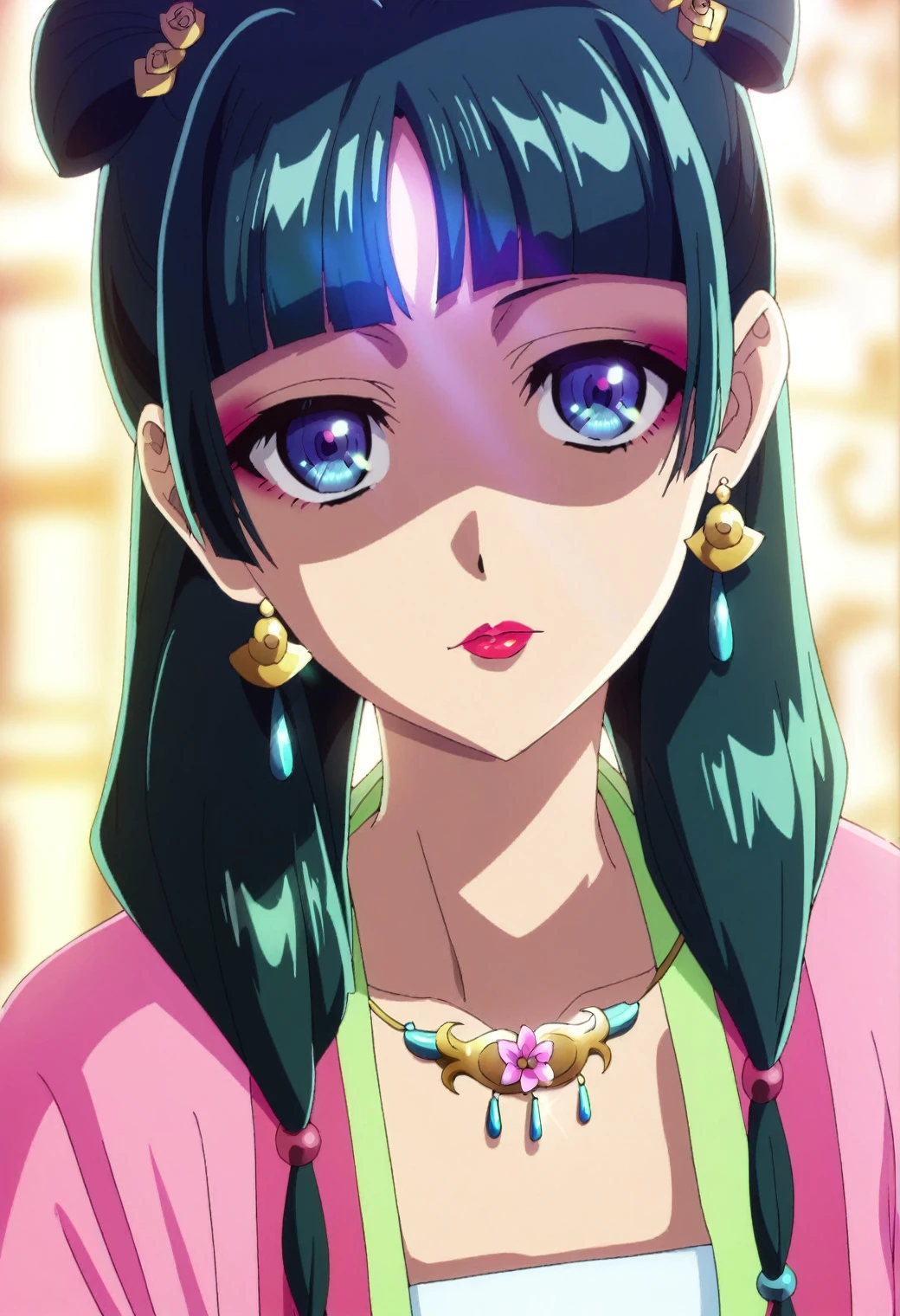 1girl, maomao, solo, green hair, long hair, blue eyes, BREAK
blunt bangs, close-up, collarbone, earrings, face, hair over shoulder, jewelry, looking at viewer, necklace, shaded face, sidelocks, bell earrings, flower necklace, double bun hairstyle, half updo, pl-dress, chinese clothes, pink hanfu, makeup, lipstick, pink eyeliner, hair beads, low twintails, BREAK
score_9, score_8_up, score_7_up, score_6_up, anime, BREAK
(high quality, detailed, beautiful), shiny, detailed beautiful eyes, outstanding, countershading, detailed soft lighting