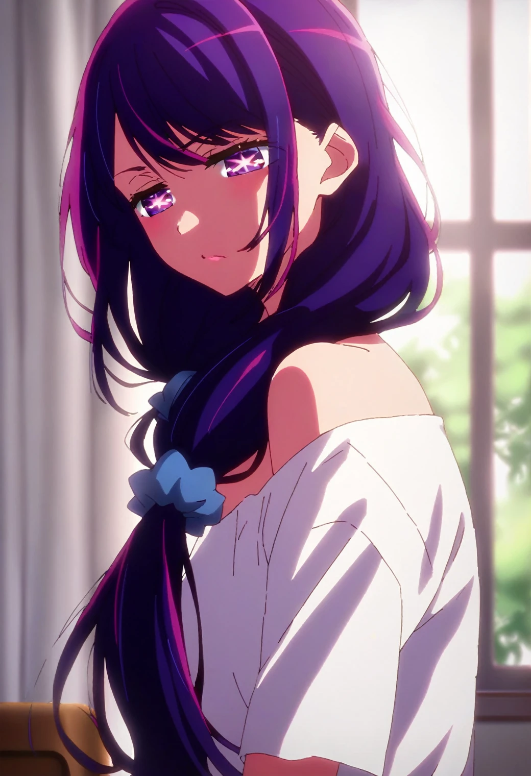 1girl, hoshinoai, solo, purple hair, purple eyes, long hair, star-shaped pupils, BREAK
white shirt, blue scrunchie, hair over shoulder, low ponytail, BREAK
annoyed, half-closed eyes, BREAK
score_9, score_8_up, score_7_up, score_6_up, anime,
(high quality, detailed, beautiful), shiny, detailed beautiful eyes, outstanding, countershading, detailed soft lighting