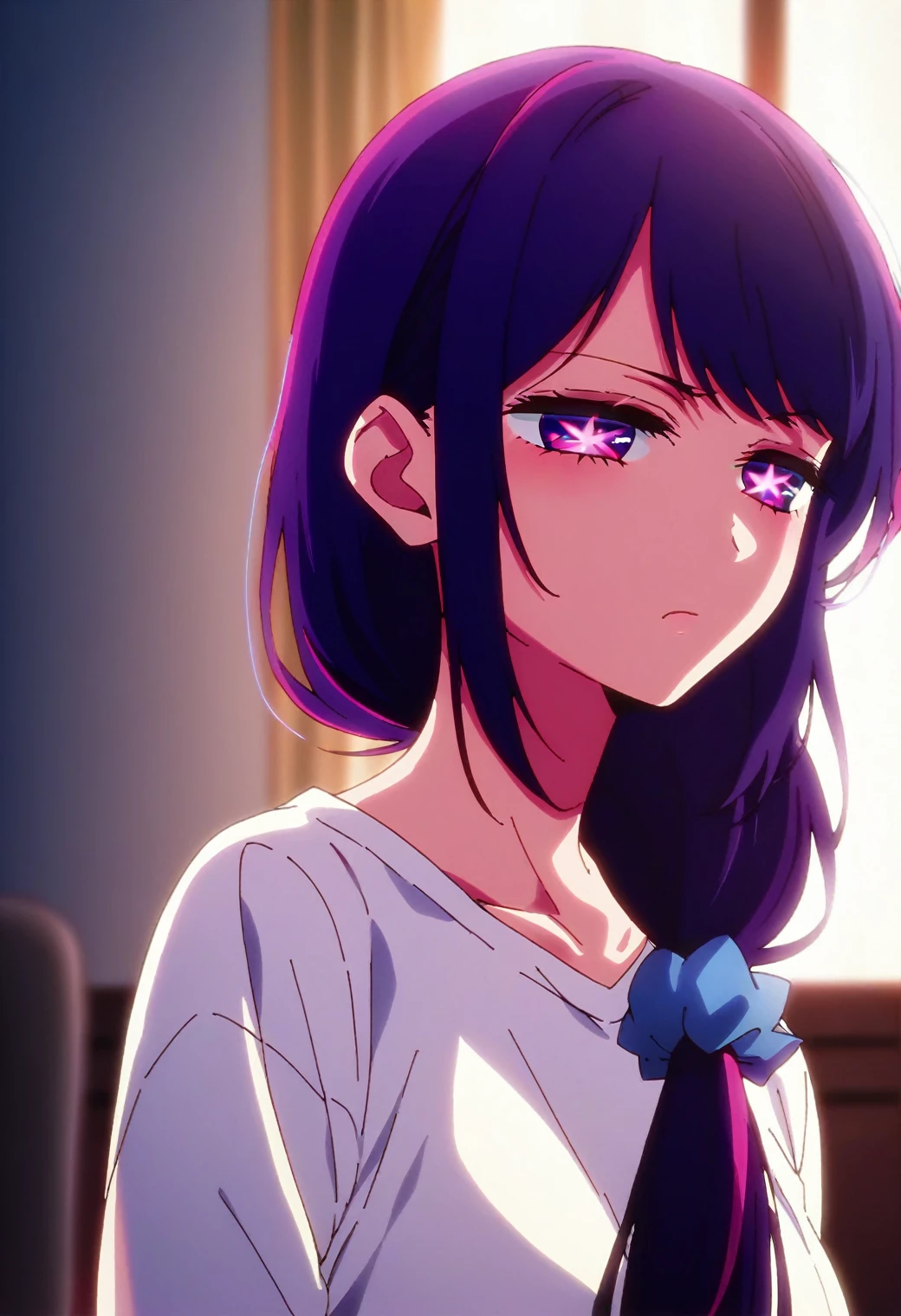 1girl, hoshinoai, solo, purple hair, purple eyes, long hair, star-shaped pupils, BREAK
white shirt, blue scrunchie, hair over shoulder, low ponytail, BREAK
annoyed, half-closed eyes, BREAK
score_9, score_8_up, score_7_up, score_6_up, anime,
(high quality, detailed, beautiful), shiny, detailed beautiful eyes, outstanding, countershading, detailed soft lighting