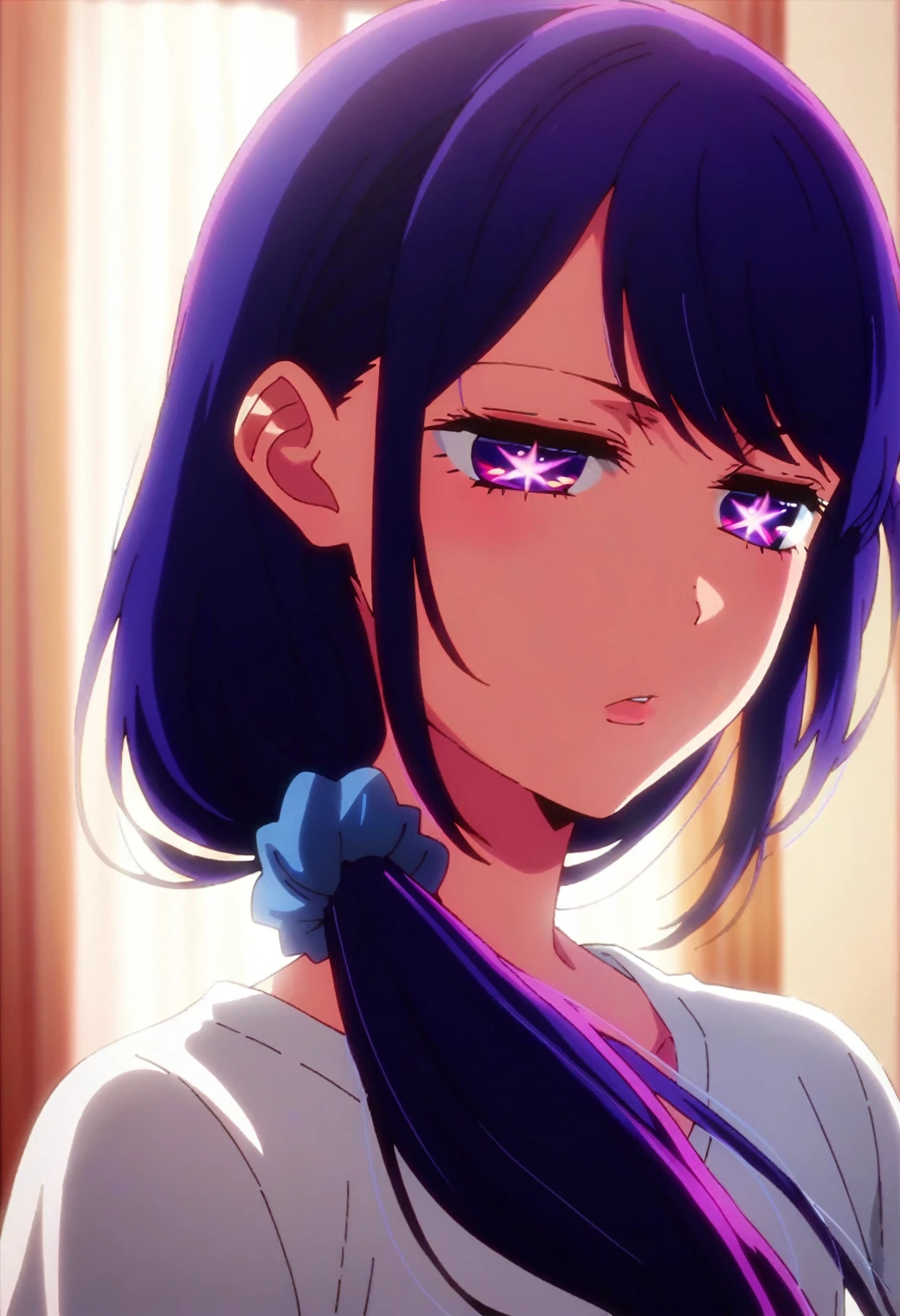 1girl, hoshinoai, solo, purple hair, purple eyes, long hair, star-shaped pupils, BREAK
white shirt, blue scrunchie, hair over shoulder, low ponytail, BREAK
annoyed, half-closed eyes, BREAK
score_9, score_8_up, score_7_up, score_6_up, anime,
(high quality, detailed, beautiful), shiny, detailed beautiful eyes, outstanding, countershading, detailed soft lighting