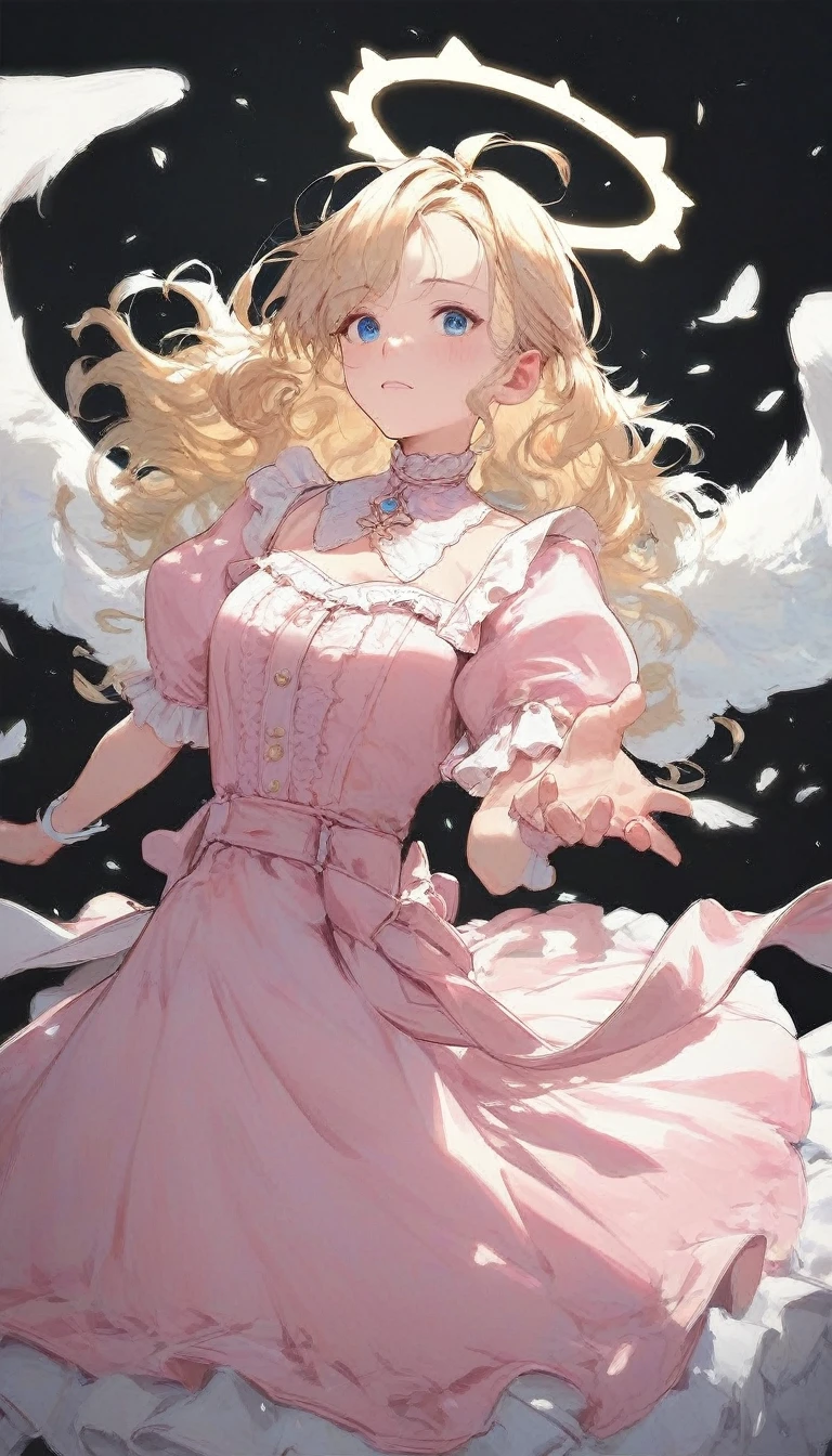 score_9, score_8_up, score_7_up, score_6_up, score_5_up, score_4_up, angel, ruffle halo, frilly halo, halo with frills, halo covered in fabric, blonde hair, wavy hair, blue eyes, dancing in the light, rating_safe, (mature woman:0.3), pink dress