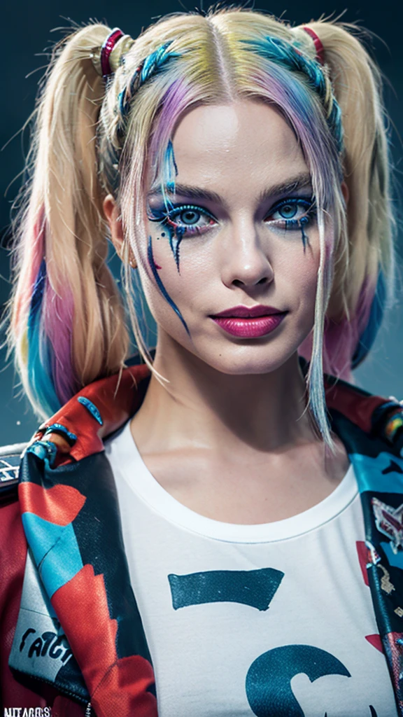 Create a highly detailed and realistic image of Harley Quinn as portrayed by Margot Robbie in "Suicide Squad." She should look beautiful and charismatic, with her signature blonde hair dyed with pink and blue tips. She is wearing a white transparent t-shirt through which her breasts are subtly visible, featuring the text "hahaha" printed on it. The setting is a post-apocalyptic world infested with zombies. The scene should depict a city in ruins, with many spent ammunition cartridges scattered across the streets, indicating recent and intense battles. The atmosphere should be dark, gritty, and tense, with an overall feeling of danger and chaos.