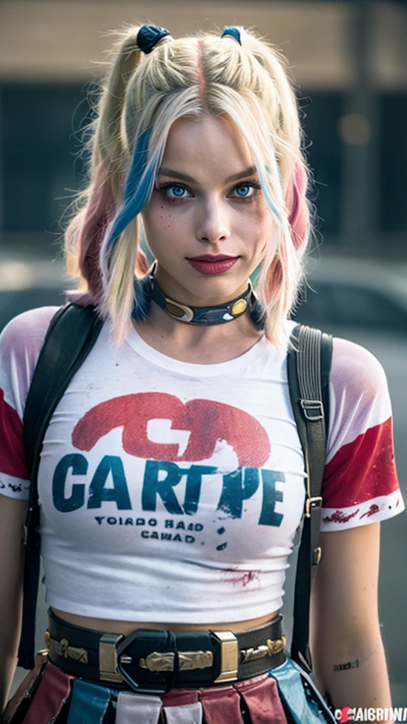 Create a highly detailed and realistic image of Harley Quinn as portrayed by Margot Robbie in "Suicide Squad." She should look beautiful and charismatic, with her signature blonde hair dyed with pink and blue tips. She is wearing a white transparent t-shirt through which her breasts are subtly visible, featuring the text "hahaha" printed on it. The setting is a post-apocalyptic world infested with zombies. The scene should depict a city in ruins, with many spent ammunition cartridges scattered across the streets, indicating recent and intense battles. The atmosphere should be dark, gritty, and tense, with an overall feeling of danger and chaos.