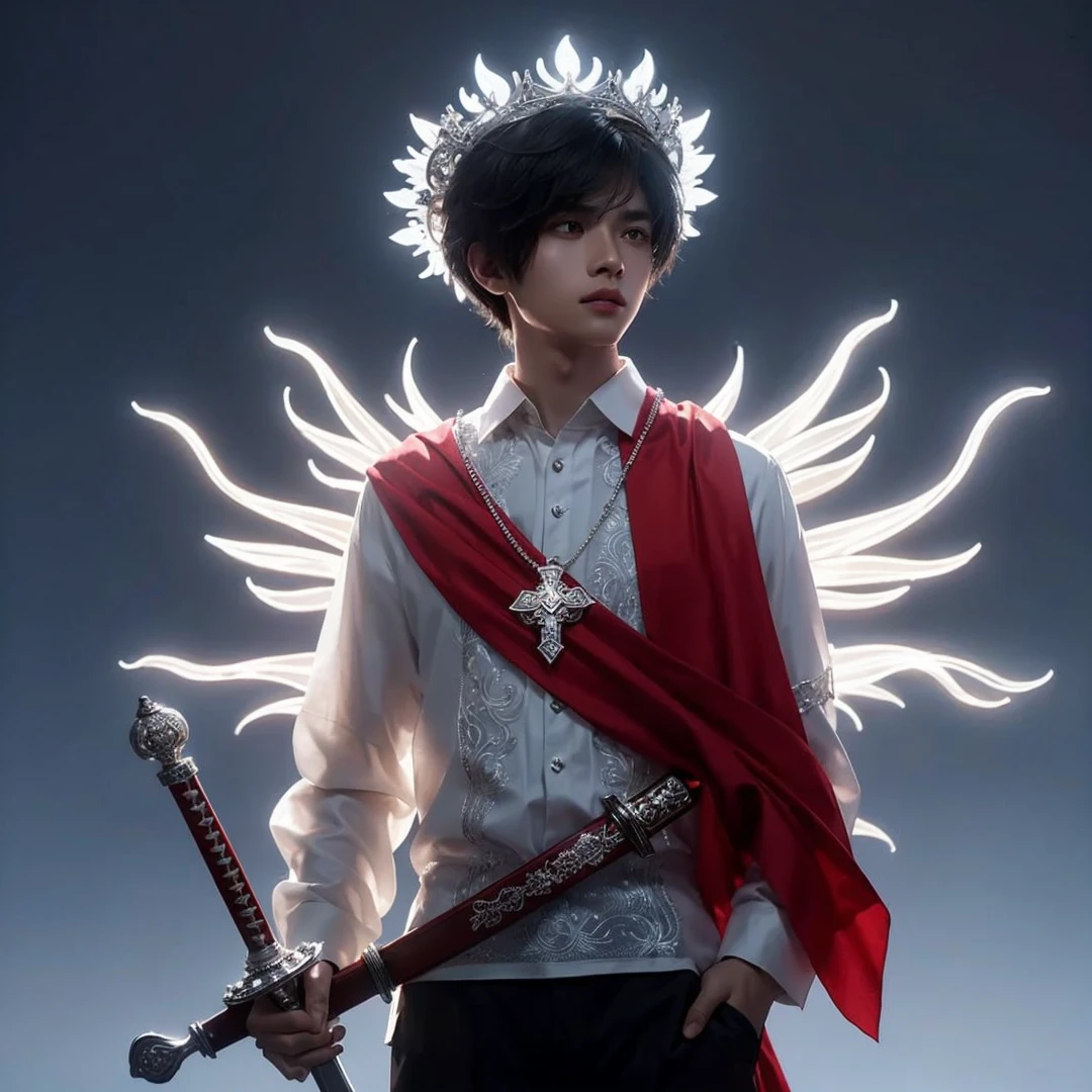 Handsome boy, black hair, brown eyes, glowing white crown on his head, wearing white barong tagalog with red shawl, silver cross necklace, holding a silver sword, sun rays