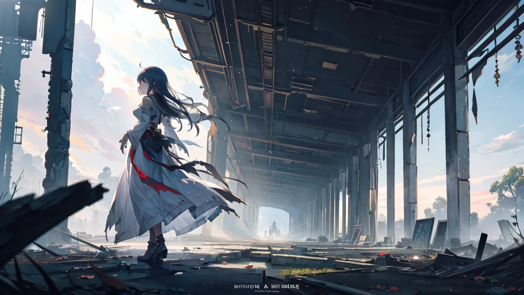 An anime girl standing alone in the dim light of the morning, with a serene yet determined expression on her face. The background shows the remnants of a fantasy world crumbling away, symbolizing the deceitful charm and lies she has left behind. The scene is filled with shadows receding as the truth is unveiled, and the first light of dawn begins to break through. She is dressed in flowing garments that hint at a past masquerade, now torn and discarded. Her eyes are clear and focused, symbolizing her newfound clarity and strength. The atmosphere is one of liberation and healing, with soft, natural lighting enhancing the emotional depth. In the distance, there are hints of a new, hopeful beginning, as she walks away from the shadows of her past.
