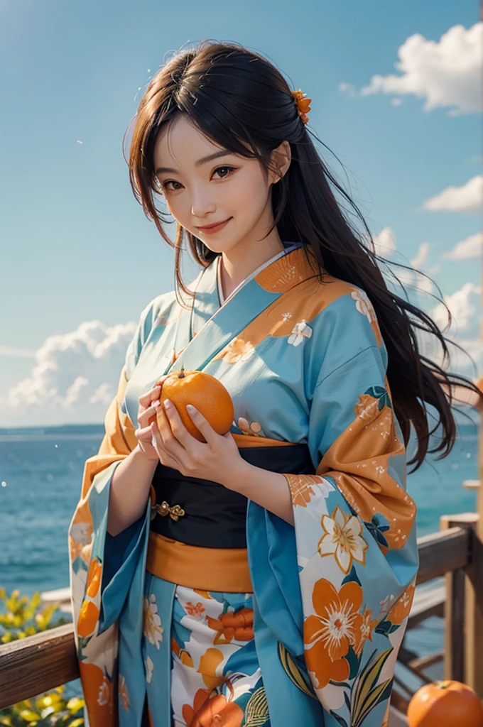 A smiling beautiful woman in a kimono holding an orange fruit under a blue sky bites into a slice of orange