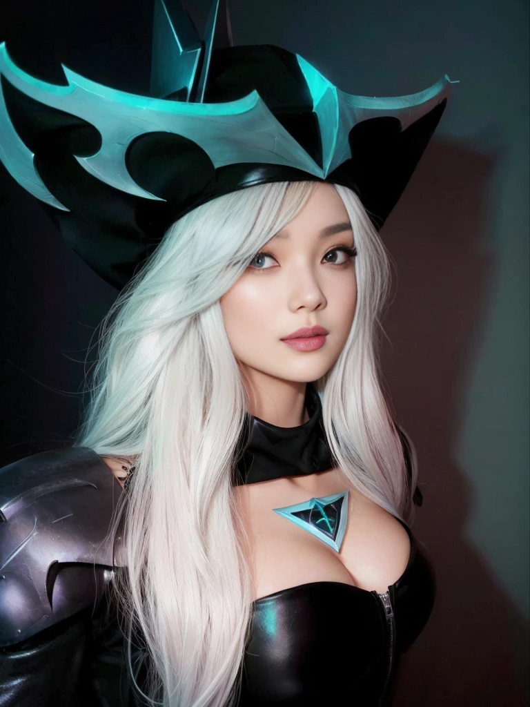 A closeup of a woman with a hat on her head, jessica black, irelia from league of legends, ash from overwatch, karthus from league of legends, league of legends inspired, glamorous cosplay, irelia, Hate, black harley queen cosplay, ash, samira from league of legends, katarina from league of legends, Asian face, kpop idol face.