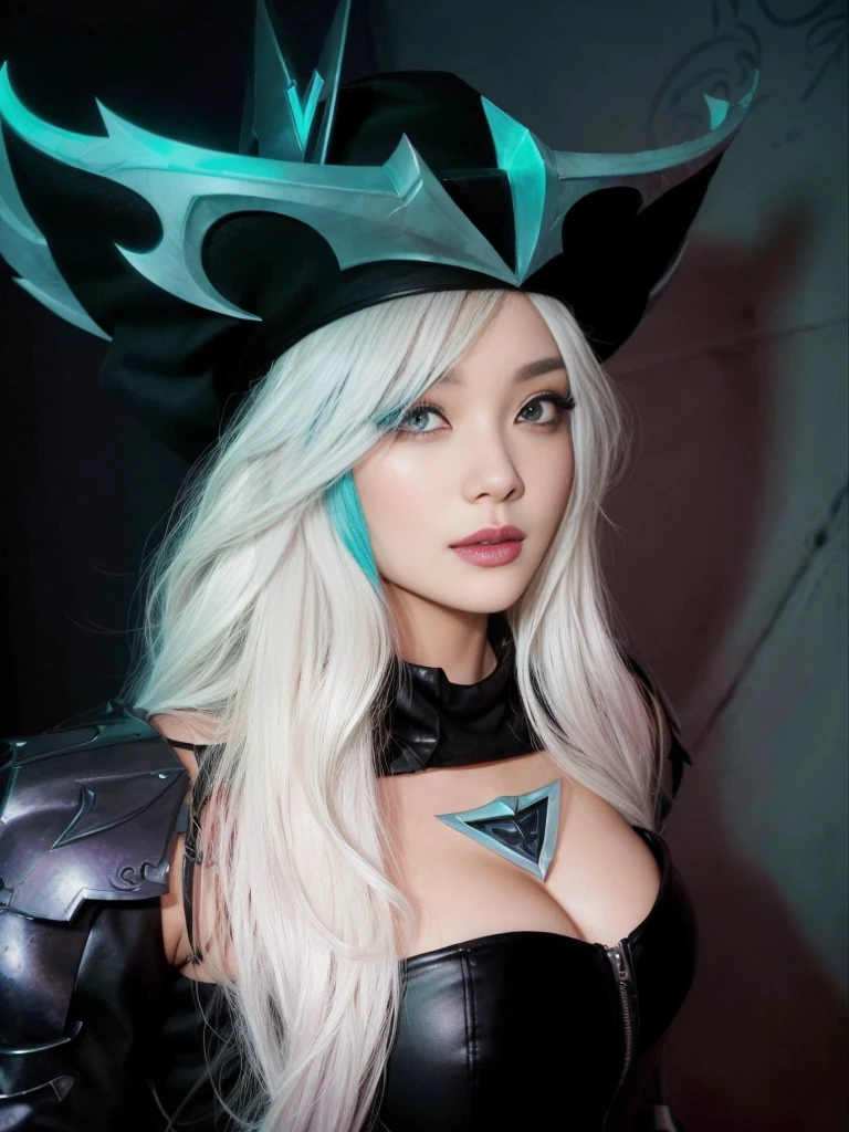 A closeup of a woman with a hat on her head, jessica black, irelia from league of legends, ash from overwatch, karthus from league of legends, league of legends inspired, glamorous cosplay, irelia, Hate, black harley queen cosplay, ash, samira from league of legends, katarina from league of legends, Asian face, kpop idol face.