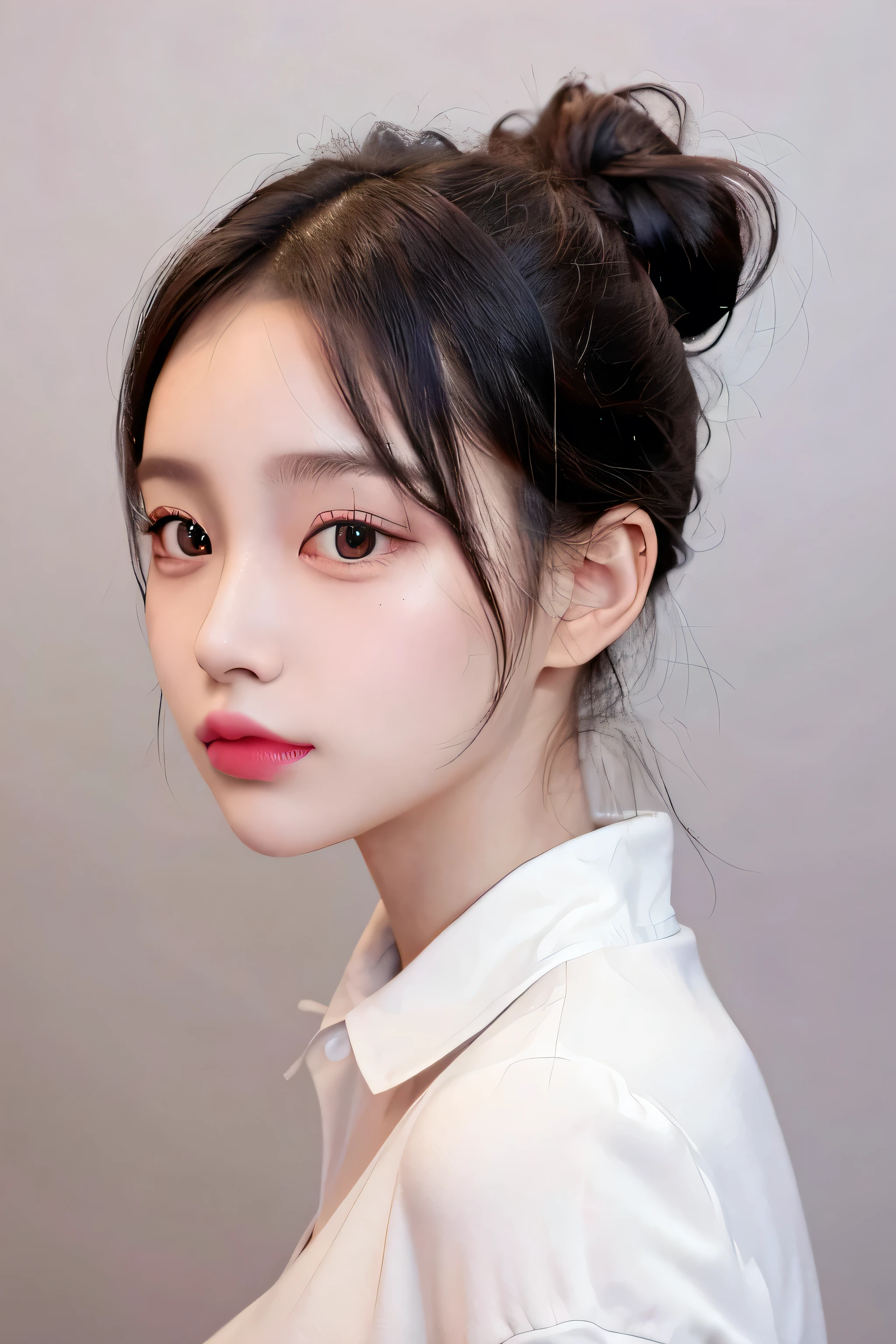 Masterpiece, Best Quality, 1girls, profile, ponytail, updo hair, nape of neck, pink lips, slightly upturned nose, long eyelashes, realistic skin texture, attractive face, blurred, white background