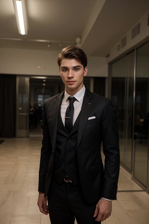 Create a realistic illustration of man a 20-year-old professional, dressed in a stylish black suit. He should have a confident and determined expression, with well-groomed hair and a subtle, discreet smile. The setting should be suitable for a corporate environment, with soft, neutral lighting emphasizing professionalism and seriousness.