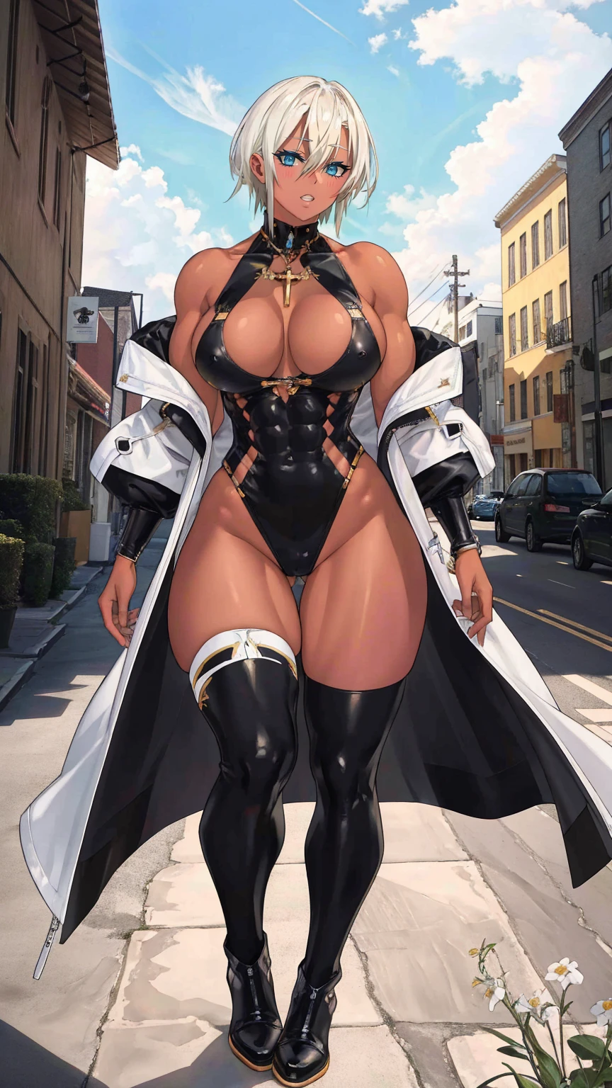 (Masterpiece, best quality), (highres, ultra-detailed), ( perfect anatomy), outdoors, 1girl, solo, dress, sela, large breasts, tan, necklace, white sleeves, thighhighs, muscular, thighs, full body, priestess, church, religous, pants, coat, pullover, boots, body suit, bigdress, big robe,black body suit