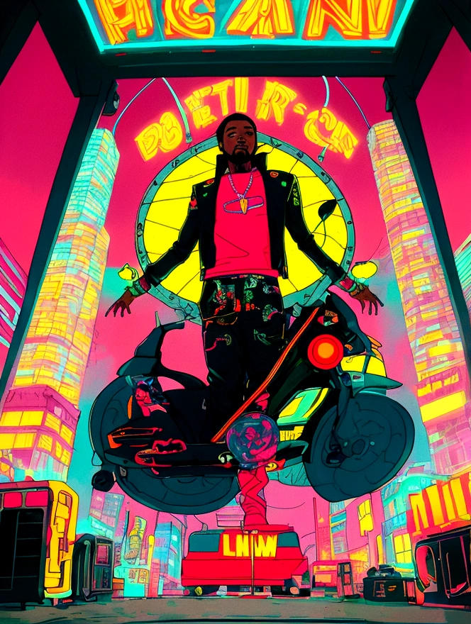 In a neon-lit retro-futuristic city, Kendrick Lamar finds himself transported back in time to the 1980s. As he navigates this new world, he discovers that his unique musical talent has the power to inspire and bring hope to those living under oppressive rule. Write or draw a scene depicting Kendrick Lamar using his music to ignite a revolution, as he combines his poetic lyrics with powerful 80s-style anime visuals.