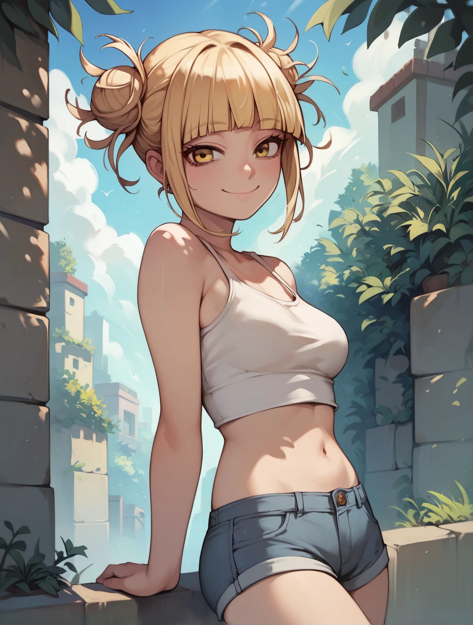 score_9, score_8_up, score_7_up, score_6_up,source_Anime, 1girl, h1m1k0t0g4, yellow eyes, blonde hair, short hair, blunt bangs, hair bun, messy hair, smile,  medium breast, croptop, shorts, looking at viewer, outdoors,   