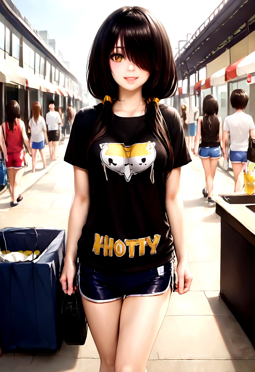 ultra-detailed,highly detailed,best quality,masterpiece,illustration,realistic, photo,photorealistic,
1girl, ((tokisaki kurumi)), cosplay, hair over one eye, (right red eye, left yellow eye), looking at viewer, happy girl, low twintails, ((t-shirts)), (((black hotpants))), hair rings, loafers,
(Outdoors) , walking, beach
