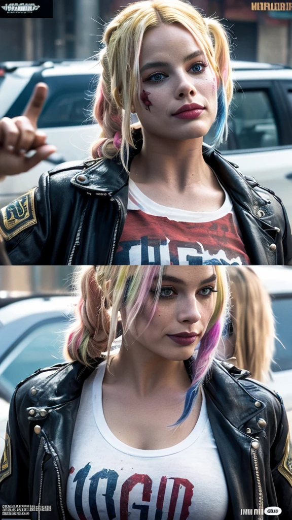 Create a highly detailed and realistic image of Harley Quinn as portrayed by Margot Robbie milf, Big Botty in "Suicide Squad." She should look beautiful and charismatic, with her signature blonde hair dyed with pink and blue tips. She is wearing a white transparent t-shirt through which her breasts are subtly visible, featuring the text "hahaha" printed on it. The setting is a post-apocalyptic world infested with zombies. The scene should depict a city in ruins, with many spent ammunition cartridges scattered across the streets, indicating recent and intense battles. The atmosphere should be dark, gritty, and tense, with an overall feeling of danger and chaos.
