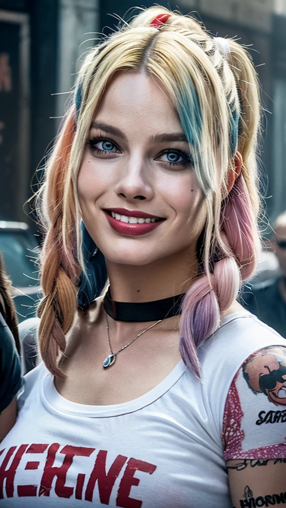 Create a highly detailed and realistic image of Harley Quinn as portrayed by Margot Robbie milf, Big Botty in "Suicide Squad." She should look beautiful and charismatic, with her signature blonde hair dyed with pink and blue tips. She is wearing a white transparent t-shirt through which her breasts are subtly visible, featuring the text "hahaha" printed on it. The setting is a post-apocalyptic world infested with zombies. The scene should depict a city in ruins, with many spent ammunition cartridges scattered across the streets, indicating recent and intense battles. The atmosphere should be dark, gritty, and tense, with an overall feeling of danger and chaos.
