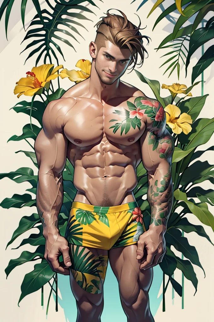 Clear background、A handsome tall man standing, He is 28 years old,Thin waist,The pectoral muscles are well developed, He is 175cm tall,Weight 62 kg、yellow-green eyes、brown hair color、short hair、Shirtless、underwear、looking into camera,Smile,Rainforest,Tropical plants,tropical flowers,tattoo,accessories