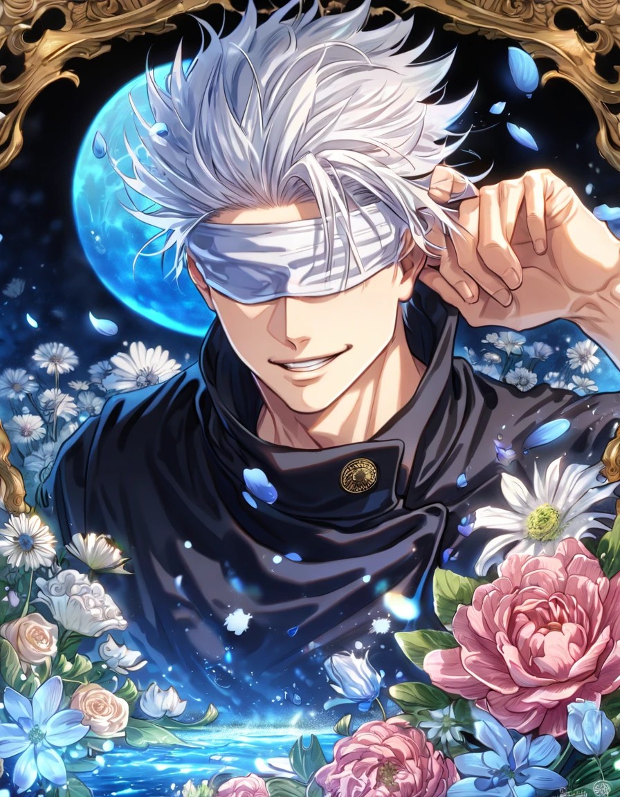 absurdres, highres, ultra detailed, HDR, master piece, Gojou Satoru, white hair, blindfolded eyes, black shirt, Jujutsu Kaisen, man, handsome, best quality, blue moon, flowers, fantasy, magical, solo, water, blue shining fireflies, blue petals, Jujutsu Kaisen uniform, handsome smile