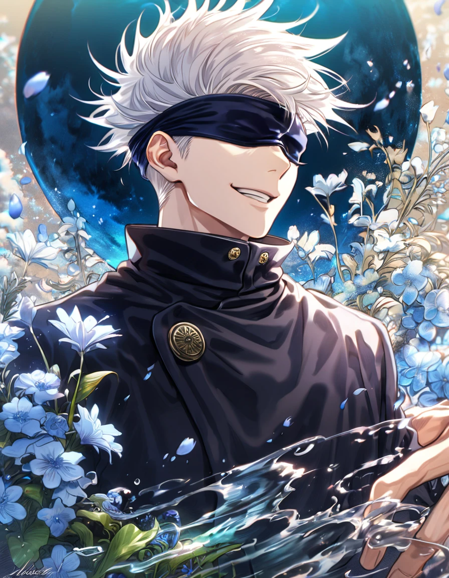 absurdres, highres, ultra detailed, HDR, master piece, Gojou Satoru, white hair, blindfolded eyes, black shirt, Jujutsu Kaisen, man, handsome, best quality, blue moon, flowers, fantasy, magical, solo, water, blue shining fireflies, blue petals, Jujutsu Kaisen uniform, handsome smile