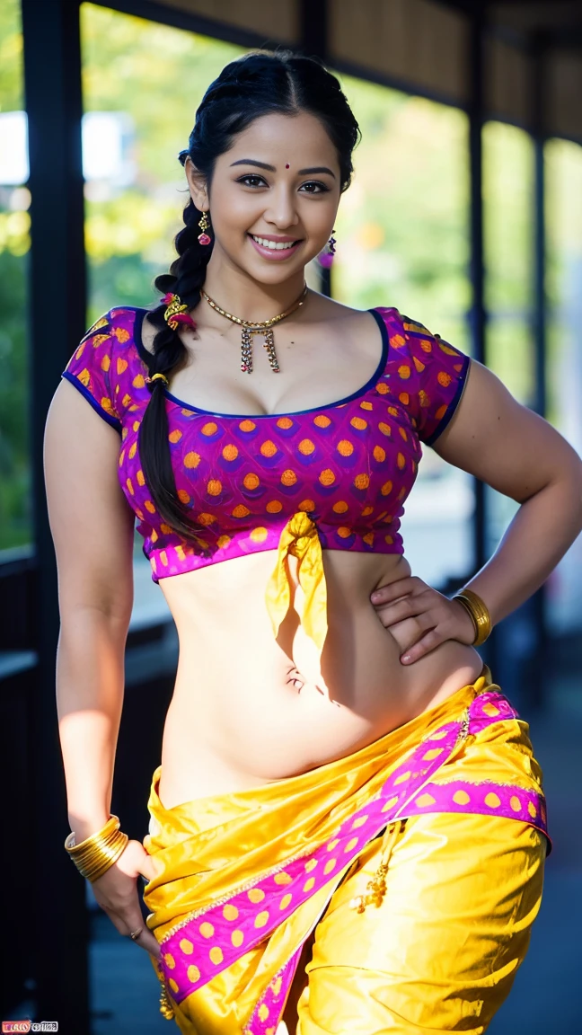 HD wallpaper 32k cinematic shoot of a Beautiful cute girl, with thick thighs and a curvy waist, twin braids, wearing an Indian blouse top, horny, seductively, in a school corridor, dotted blouse top, smiling, ((long curvy waist)), ((lowwaist)), ((curvy waist))