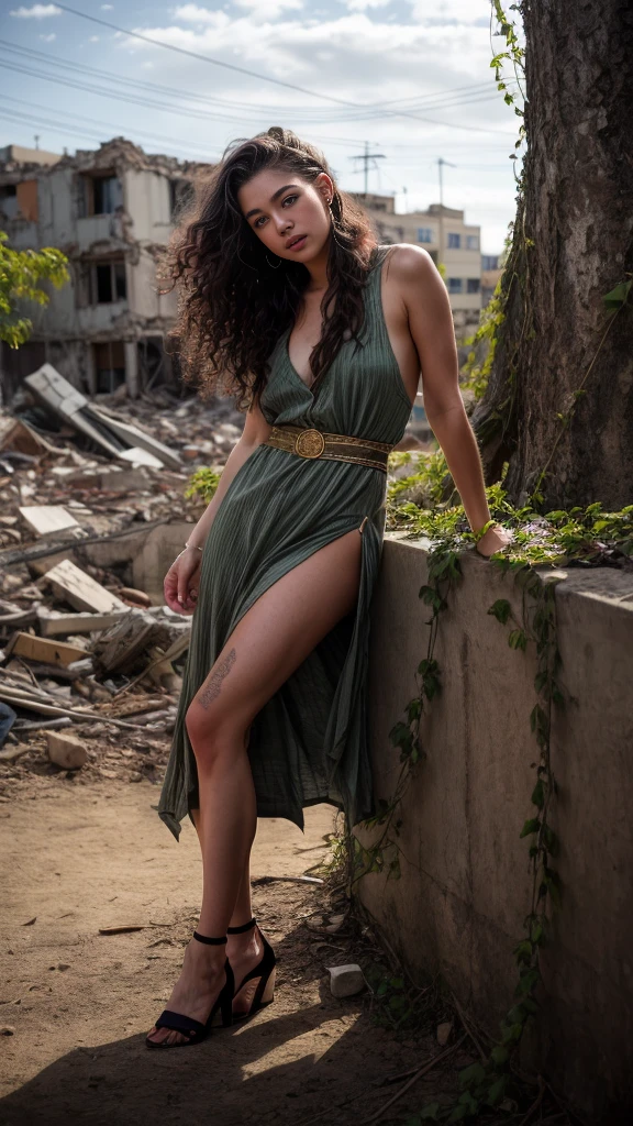 A beautiful European women, queen, Leaning on a wall, full body, wearing torn dress, long dress, bone crown, grey sky, Post-Apocalyptic city, lianas, trees, vines. She is 24 years old, has black hair, long hair, curly hair and black eyes. Her cloth is stylish and her overall appearance is stunning. The girl's face is extremely detailed with beautifully detailed lips. Her skin is anatomically correct with realistic textures. The image should have super high details and be of the best quality, with a resolution of 8K. The final result should be a masterpiece, showcasing the girl's beauty and the vibrant atmosphere of The destroyed Post-Apocalyptic city, trees and vines