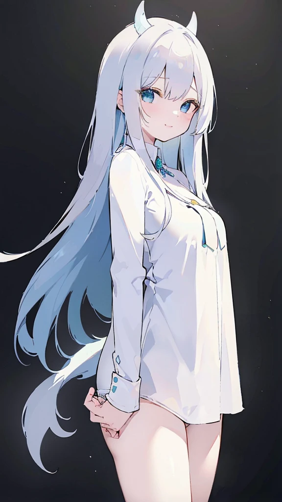 (masterpiece, best quality), (Very detailed CG unit 8k wallpaper), (Best light and shadow) , (1), (long black hair,Straight Hair,Air bangs), (innocent aqua blue eyes, like a gem), (Medium large, White skin), (Wearing a close-fitting white shirt, and white panties, Show your thighs), (Has black devil horns and devil tail), (front, Stand upright, Put your hands behind your back), (The expression looks a little shy, but with a smile), (simple light black background)
