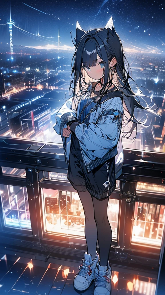 Exquisite detail,Highest quality, One girl, alone, handrail, cloud, Looking up at the buildings,Long Hair, zero, Long sleeve, Power lines, White footwear, Black Hair, View your viewers, Electric pole, bangs, cloudy zero, fish, bird, Green Eyes, Shorts, Day, Black Shirt, barefoot,Whale flying in the sky,Giant whale,night,Star,milky way,night,Pitch black,Buildings,Standing and looking up,Perm, Fuji Mountain