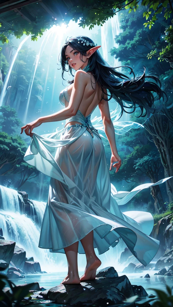 （full body picture，full body display），((epic composition，Waterfall in the forest，A woman wearing a flowing white gauze skirt，water goddess，There is a pair of water wings behind him，whole body xianxia，Shoot from behind，from below，Rich scene details，Water mist，flying water splash，Blue sky))，(25 years old，Excited expression，Open your mouth，sexy，enjoy，raised nipples),((anatomically correct，8k, super detail, UHD, masterpiece, super detail, high details, high quality, award winning, best quality, highres, 1080P, HD, 4K, 8k, ccurate)), wet hair,detailed face, detailed eyes, detailed hands,elf woman, detailed HANDS
