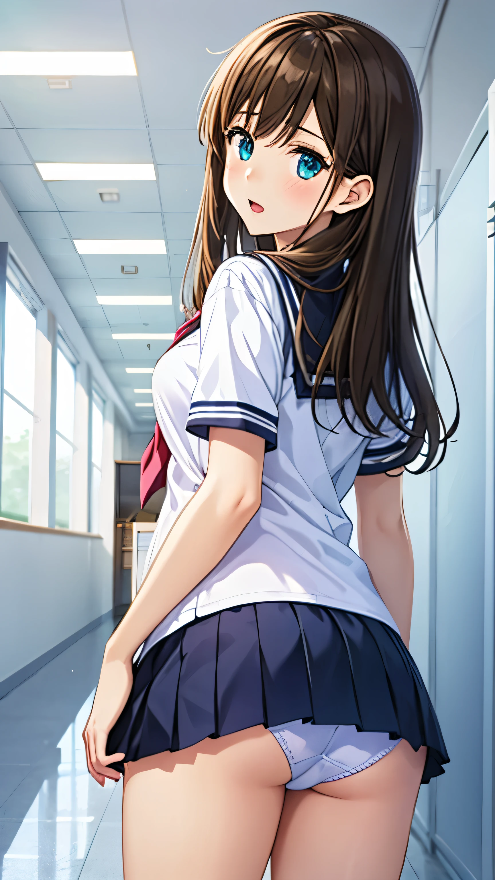 (masterpiece, best quality, absirdres, game CG, illustration), 1girl, solo, mayu kuroe, beautiful detailed eyes, standing, school hallway, white school shirt, pleated miniskirt, (lace panties:0.8), looking back at viewer, surprised, shocked