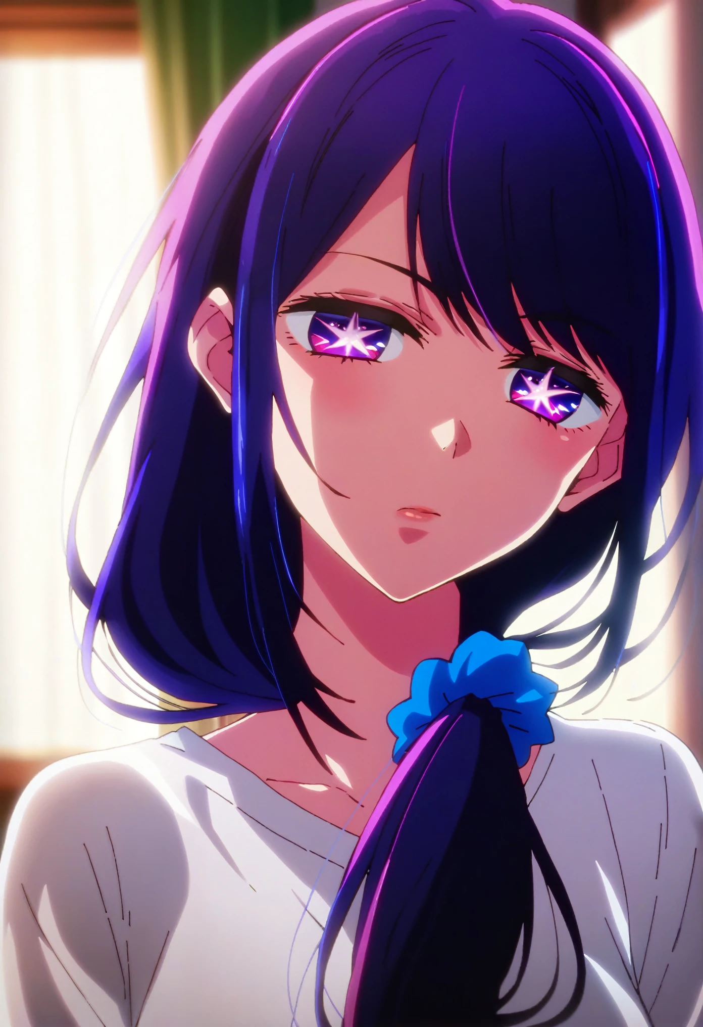 1girl, hoshinoai, solo, purple hair, purple eyes, long hair, star-shaped pupils, BREAK
white shirt, blue scrunchie, hair over shoulder, low ponytail, BREAK
annoyed, half-closed eyes, BREAK
score_9, score_8_up, score_7_up, score_6_up, anime,
(high quality, detailed, beautiful), shiny, detailed beautiful eyes, outstanding, countershading, detailed soft lighting