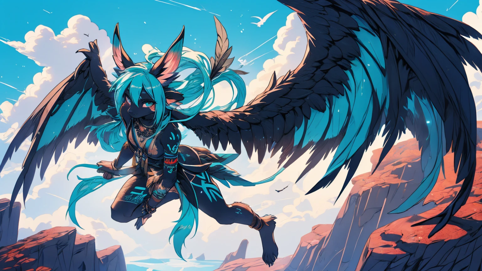 Miku Hatsune, add high definition_detail:1, blue fur,kitsune ears, tribal tattoo add_detail:1, in hell add_detail, barefoot, the same, giant black feather wings add_detail:1 ,alas hermosas la mejor calidad y detail en las plumas, flying over a beautiful cliff, blue saturation light