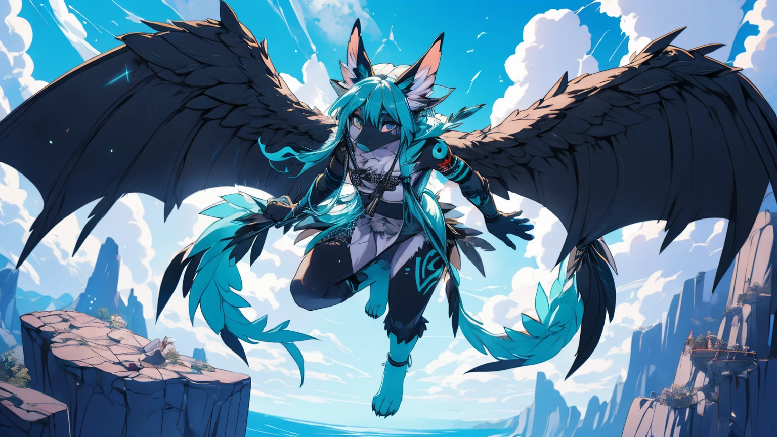 Miku Hatsune, add high definition_detail:1, blue fur,kitsune ears, tribal tattoo add_detail:1, in hell add_detail, barefoot, the same, giant black feather wings add_detail:1 ,alas hermosas la mejor calidad y detail en las plumas, flying over a beautiful cliff, blue saturation light
