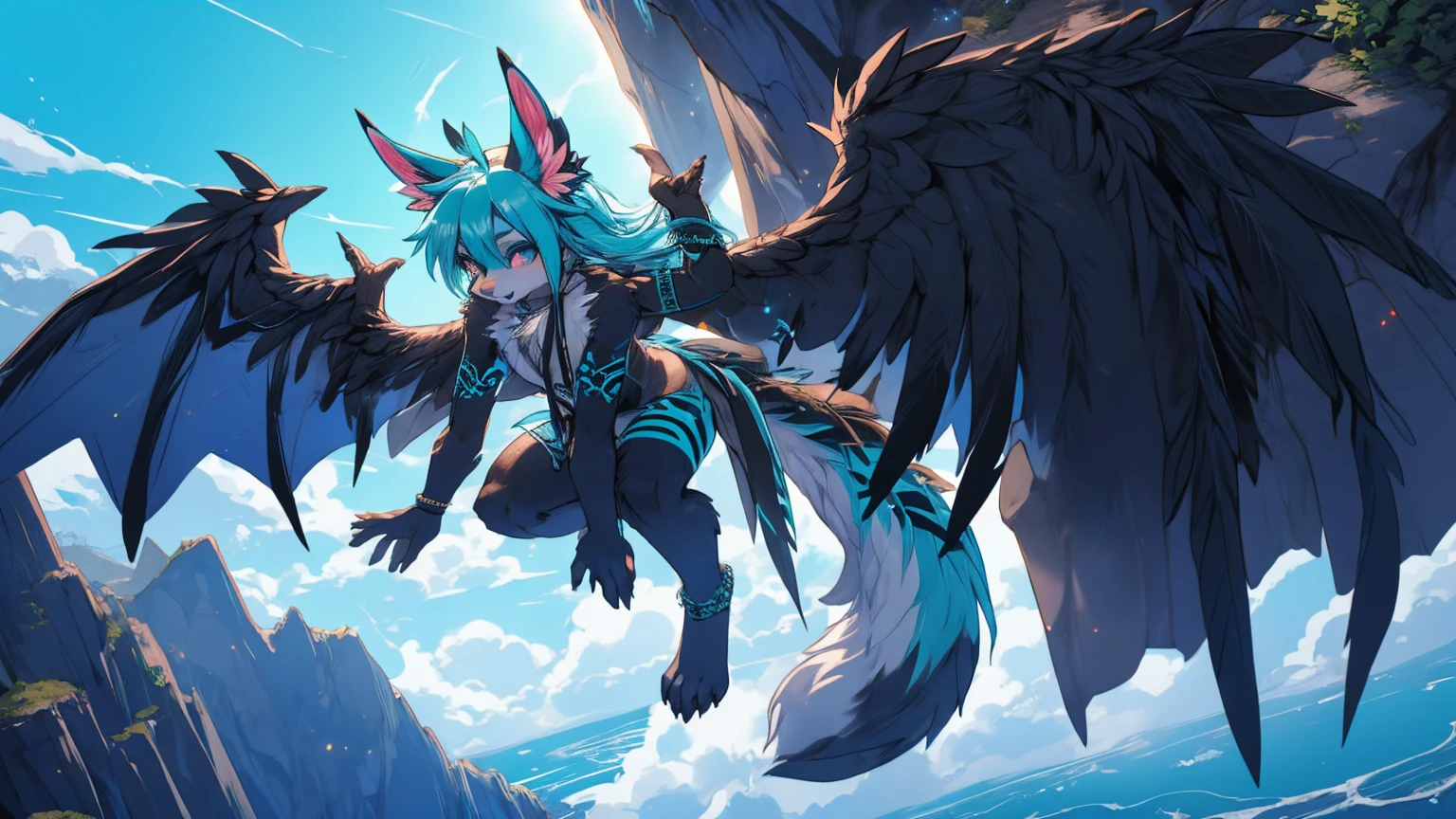 Miku Hatsune, add high definition_detail:1, blue fur,kitsune ears, tribal tattoo add_detail:1, in hell add_detail, barefoot, the same, giant black feather wings add_detail:1 ,alas hermosas la mejor calidad y detail en las plumas, flying over a beautiful cliff, blue saturation light