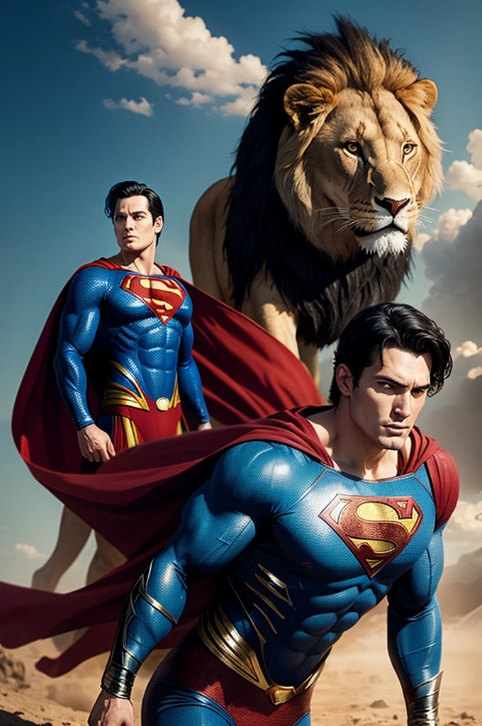 Superman with a lion's face and pink mane