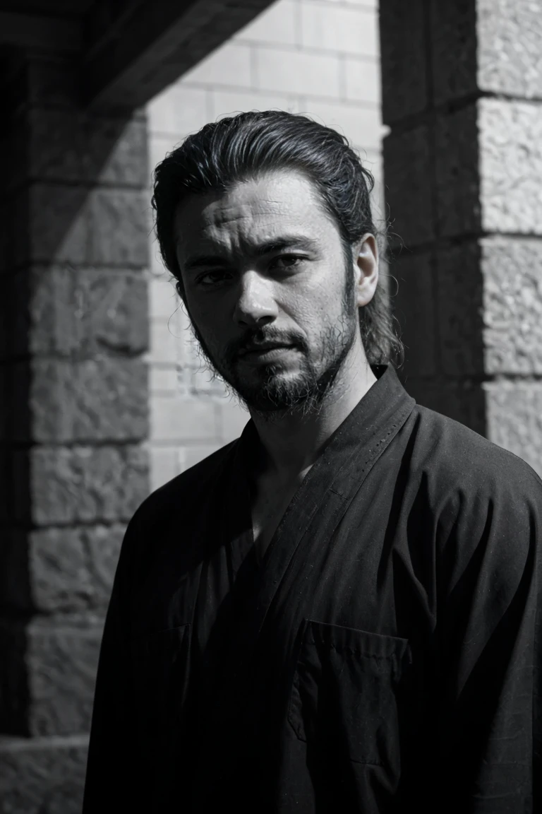 Create an image of a 35-year-old Latino man with a long Spartan-style beard. The beard is dense, well-groomed, and extends down his chest, giving him a rugged and imposing appearance. He has long, straight hair tied back in a samurai-style bun, adding to the edgy rock vibe. His jawline is strong and angular, with pronounced lines. His eyes are deep and expressive, with thick eyebrows adding intensity to his gaze. His skin is slightly tanned, reflecting his Latino heritage.

He is dressed in a long black shirt, exuding a rock 'n' roll aesthetic. The scene is entirely in black and white, creating a stark, dramatic effect. The man is positioned in the background, completely hidden in the shadows, with only faint outlines and subtle highlights hinting at his presence and attire.

The background is softly blurred with muted tones, emphasizing the dark and brooding presence of the figure. The minimal, dramatic lighting casts deep shadows that obscure most of his features, contributing to a haunting and atmospheric rock 'n' roll feel. Ensure the overall image maintains a monochromatic black and white palette to enhance the intense and mysterious atmosphere.