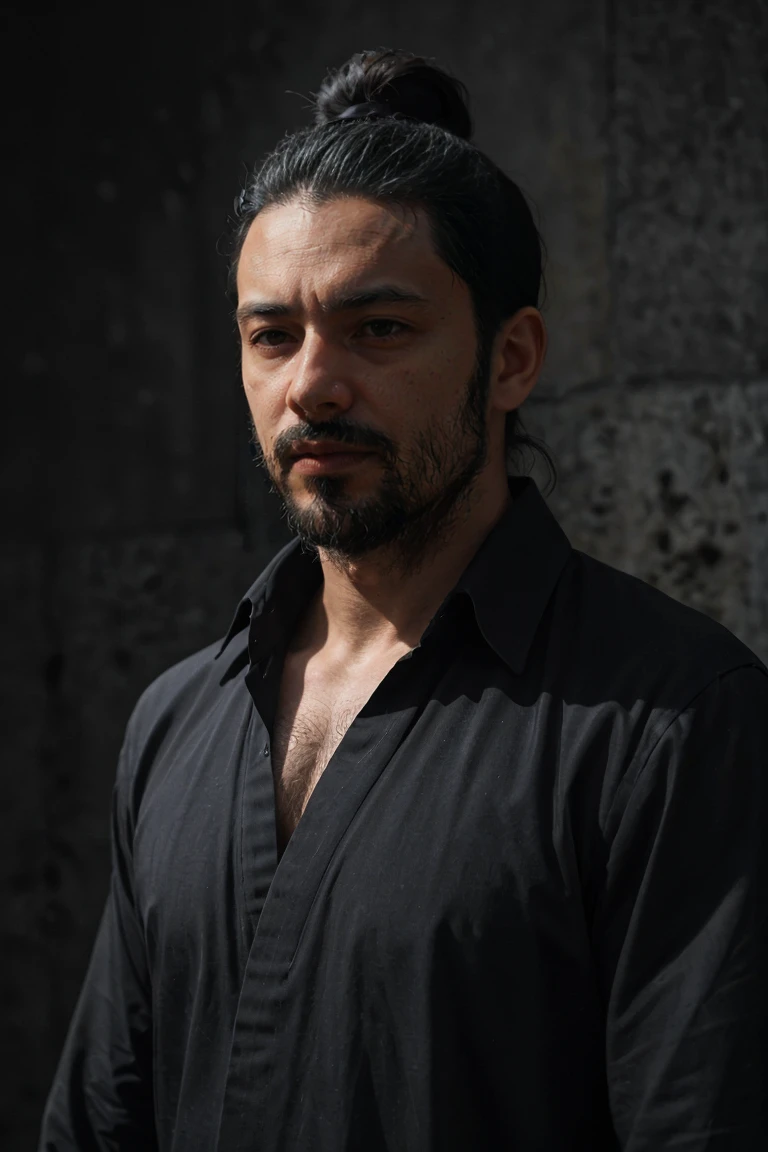 Create an image of a 35-year-old Latino man with a long Spartan-style beard. The beard is dense, well-groomed, and extends down his chest, giving him a rugged and imposing appearance. He has long, straight hair tied back in a samurai-style bun, adding to the edgy rock vibe. His jawline is strong and angular, with pronounced lines. His eyes are deep and expressive, with thick eyebrows adding intensity to his gaze. His skin is slightly tanned, reflecting his Latino heritage.

He is dressed in a long black shirt, exuding a rock 'n' roll aesthetic. The scene is entirely in black and white, creating a stark, dramatic effect. The man is positioned in the background, completely hidden in the shadows, with only faint outlines and subtle highlights hinting at his presence and attire.

The background is softly blurred with muted tones, emphasizing the dark and brooding presence of the figure. The minimal, dramatic lighting casts deep shadows that obscure most of his features, contributing to a haunting and atmospheric rock 'n' roll feel. Ensure the overall image maintains a monochromatic black and white palette to enhance the intense and mysterious atmosphere.