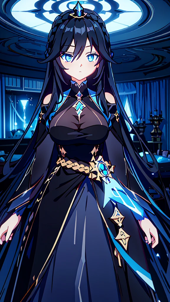 best quality, extremely detailed, anime style girl, long hair down to the waist, straight hair, dark black hair with bluish,crown braid,beautiful detailed eyes, pinched eyes, dark blue eyes, gradation eyes,huge breasts,((((black atmosphere)))),((Luxurious room)),((((cool)))),dynamic angle,sparkling eyes