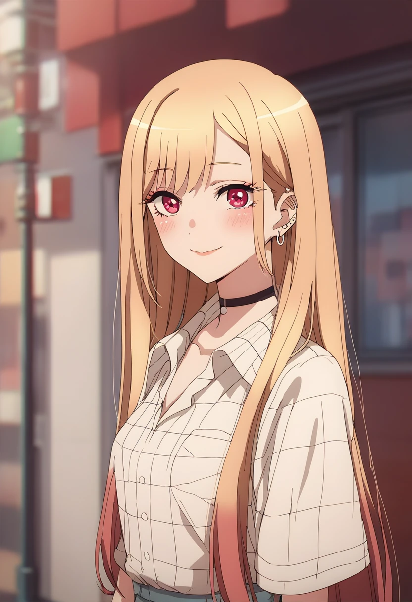 (score_9, score_8_up, score_7_up), (masterpiece, best quality, very aesthetic, ultra detailed, source anime, anime, intricate details), 1girl, solo, long hair, looking at viewer, blush, smile, shirt, blonde hair, red eyes, jewelry, earrings, choker, piercing, ear piercing, barbell piercing, kitagawa marin