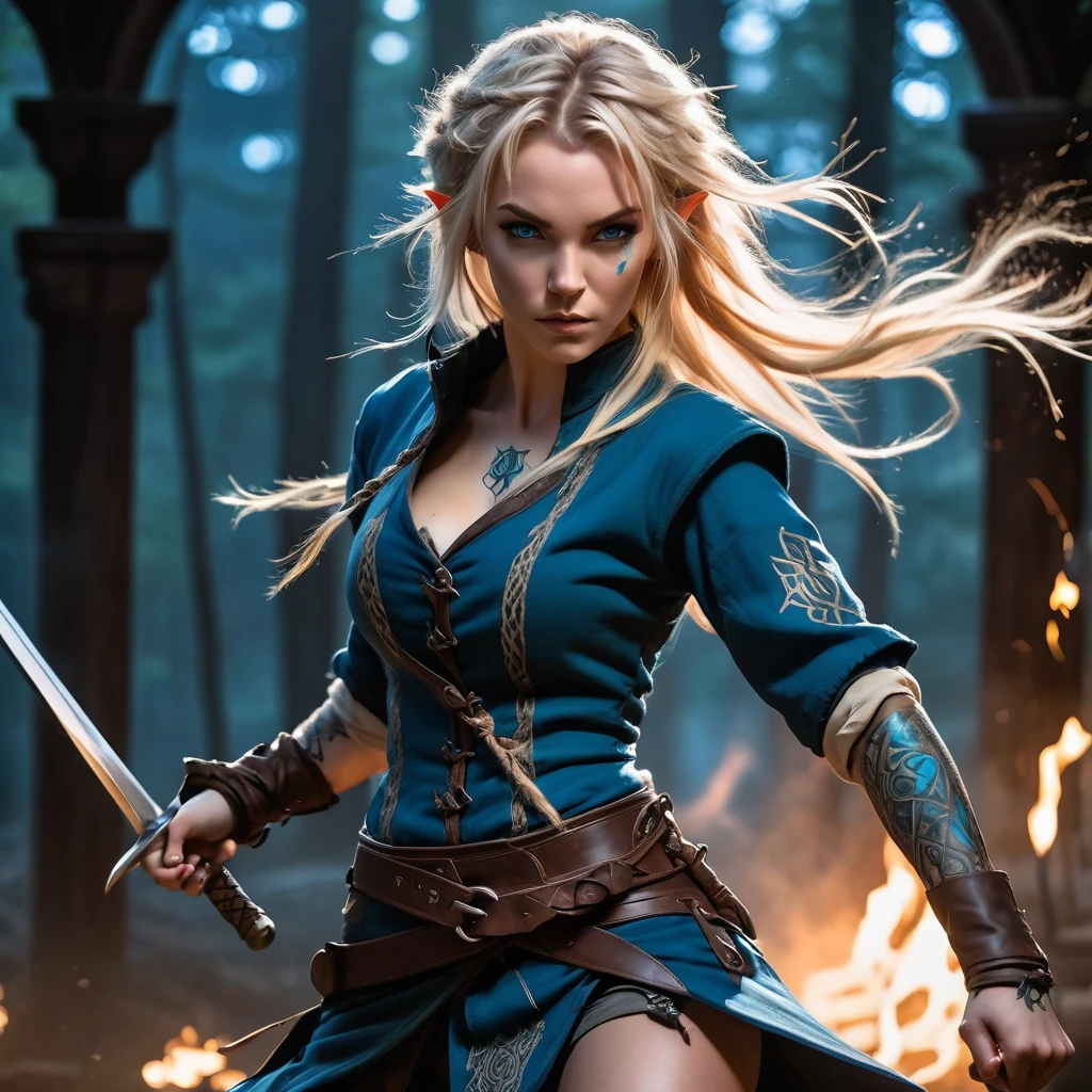 (1 female:1.5), solo, wearing gambeson, ((rune tattoos)), ((Face tattoos)), fullbody, attacking viewer with fists, detailed elf druid girl, slim body, (smirk:1.1), (nose blush:1.1), (big blue eyes:1.1), (blond hair:1.1), beautiful detailed face, messy hair, cinematic lighting, shot on canon 5d, Greg Rutkowski, Yoji Shinkawa:0.6,
