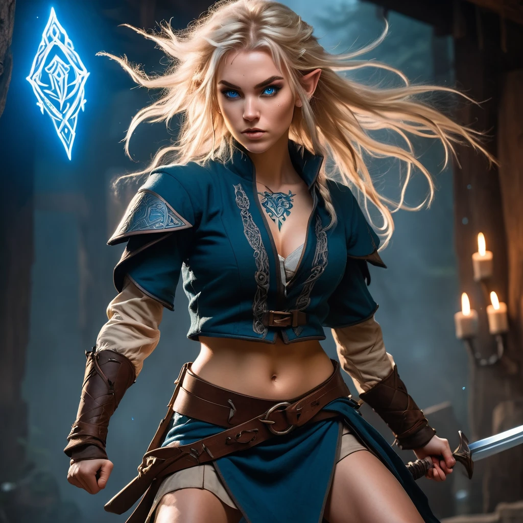 (1 female:1.5), solo, wearing gambeson, ((rune tattoos)), ((Face tattoos)), fullbody, attacking viewer with fists, detailed elf druid girl,  slim body, (smirk:1.1), (nose blush:1.1), (big blue eyes:1.1), (blond hair:1.1), beautiful detailed face, messy hair, cinematic lighting, shot on canon 5d, Greg Rutkowski, Yoji Shinkawa:0.6,