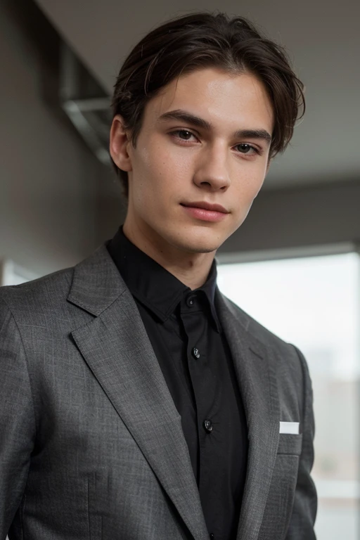 Create a realistic illustration of man a 20-year-old professional, dressed in a stylish black suit. He should have a confident and determined expression, with well-groomed hair and a subtle, discreet smile. The setting should be suitable for a corporate environment, with soft, neutral lighting emphasizing professionalism and seriousness.