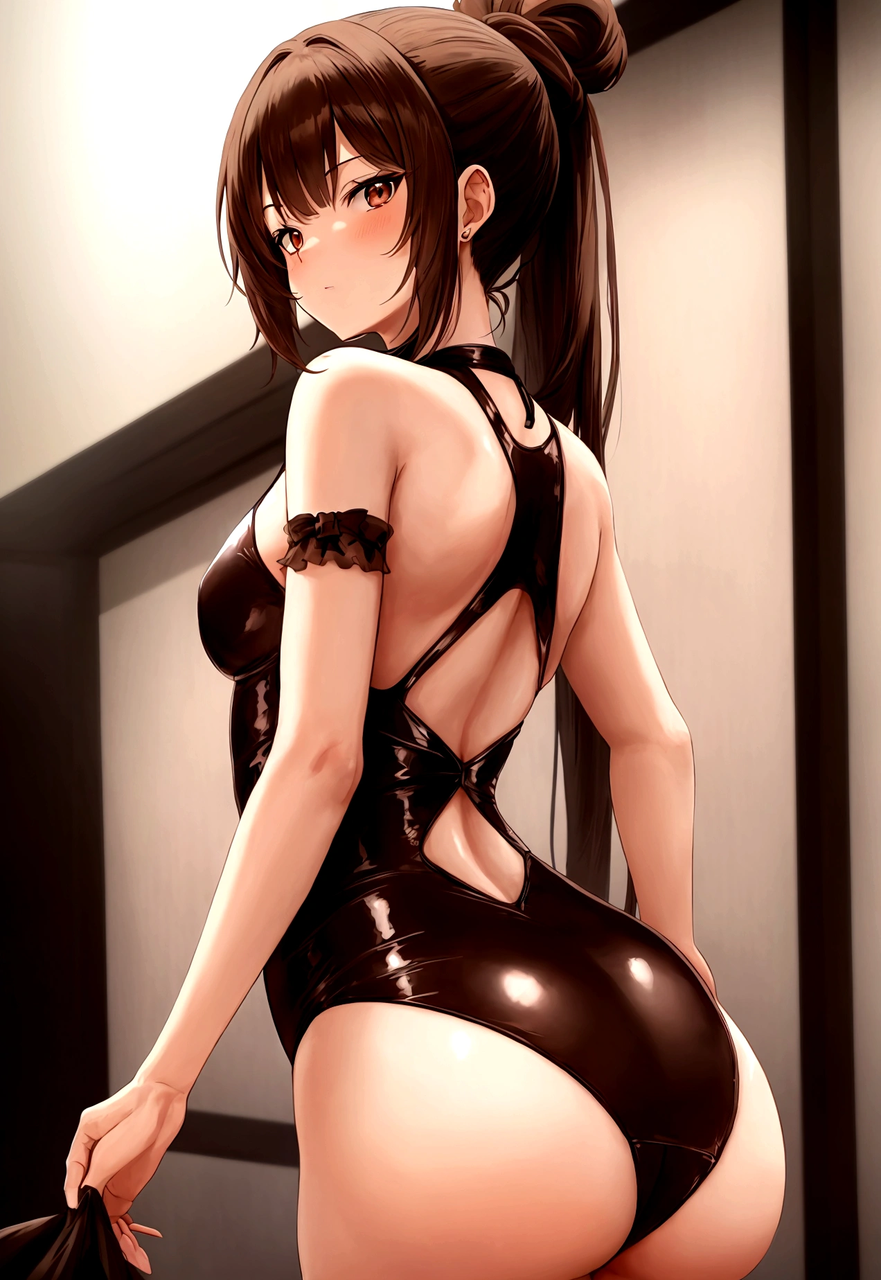 she has past shoulder length brown hair with bangs tied up in a ponytail, brown eyes, very fair skin, she is beaultiful, anime, bunny suit, small breasts and ass