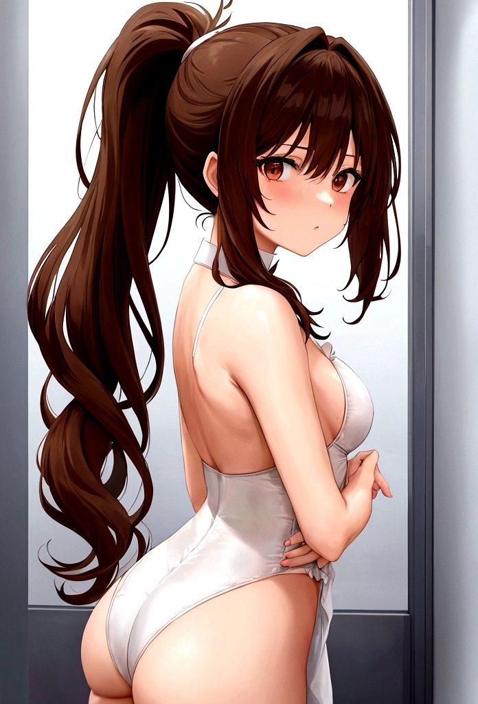 she has past shoulder length brown hair with bangs in a ponytail, brown eyes, very fair skin, she is beaultiful, anime, bunny suit, small breastss