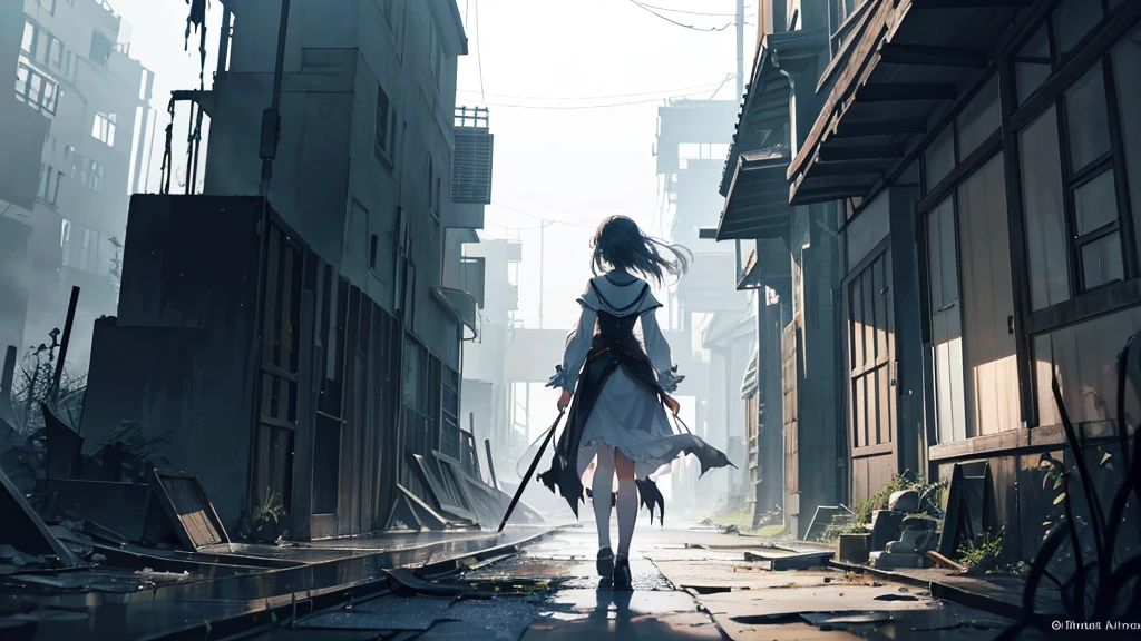 An anime girl standing alone in the dim light of the morning, with a serene yet determined expression on her face. The background shows the remnants of a fantasy world crumbling away, symbolizing the deceitful charm and lies she has left behind. The scene is filled with shadows receding as the truth is unveiled, and the first light of dawn begins to break through. She is dressed in flowing garments that hint at a past masquerade, now torn and discarded. Her eyes are clear and focused, symbolizing her newfound clarity and strength. The atmosphere is one of liberation and healing, with soft, natural lighting enhancing the emotional depth. In the distance, there are hints of a new, hopeful beginning, as she walks away from the shadows of her past.