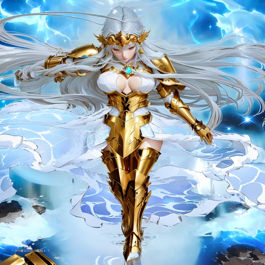 anime character with long hair and golden armor on a blue background, girl of the zodiac knights, the galaxy sailor. comely, Anime goddess, portrait girl of the zodiac knights, white haired deity, goddess of light, Knights of the Zodiac, chipped ice-colored reflected armor, covered in full silver armor, goddess of lightning, lady palutena, the god athena