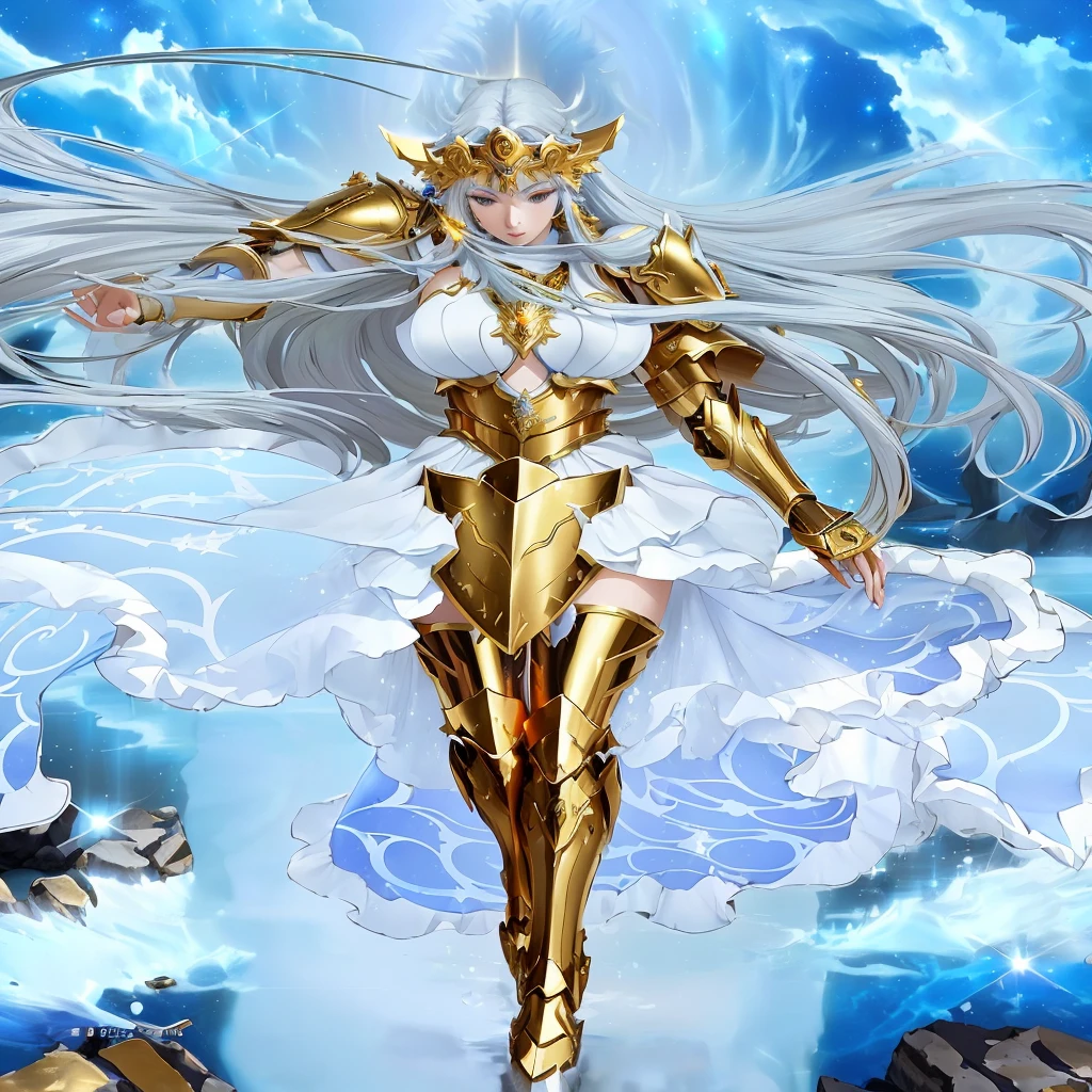 anime character with long hair and golden armor on a blue background, girl of the zodiac knights, the galaxy sailor. comely, Anime goddess, portrait girl of the zodiac knights, white haired deity, goddess of light, Knights of the Zodiac, chipped ice-colored reflected armor, covered in full silver armor, goddess of lightning, lady palutena, the god athena