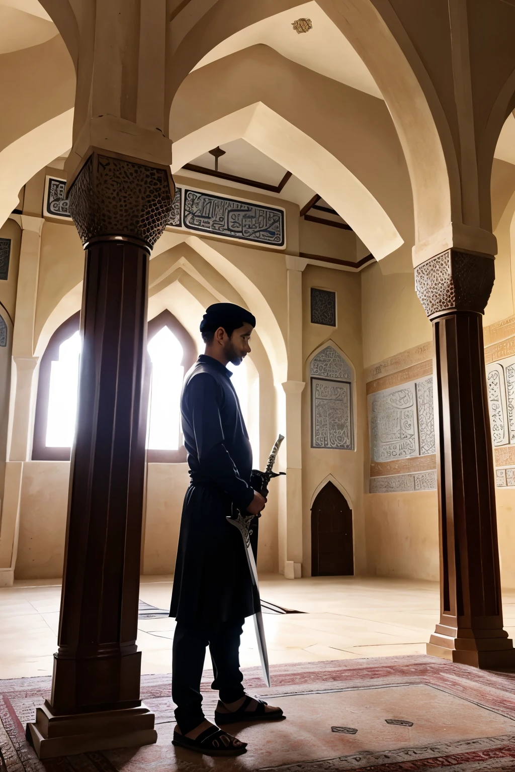 A 25 year boys stand in al aqsha masjid with sword