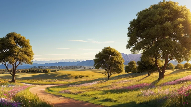 Hyper-realistic digital painting of a vast, serene plain stretching out to the horizon, with gently rolling hills covered in tall, golden grasses swaying in the breeze. The sky is a brilliant blue with fluffy white clouds scattered across it. In the foreground, a winding dirt path leads through the plain, bordered by wildflowers in various vibrant colors. A solitary tree stands majestically in the middle distance, its branches providing a focal point in the open landscape. In the background, a range of distant mountains adds depth to the scene, cinematic composition, trending on ArtStation.