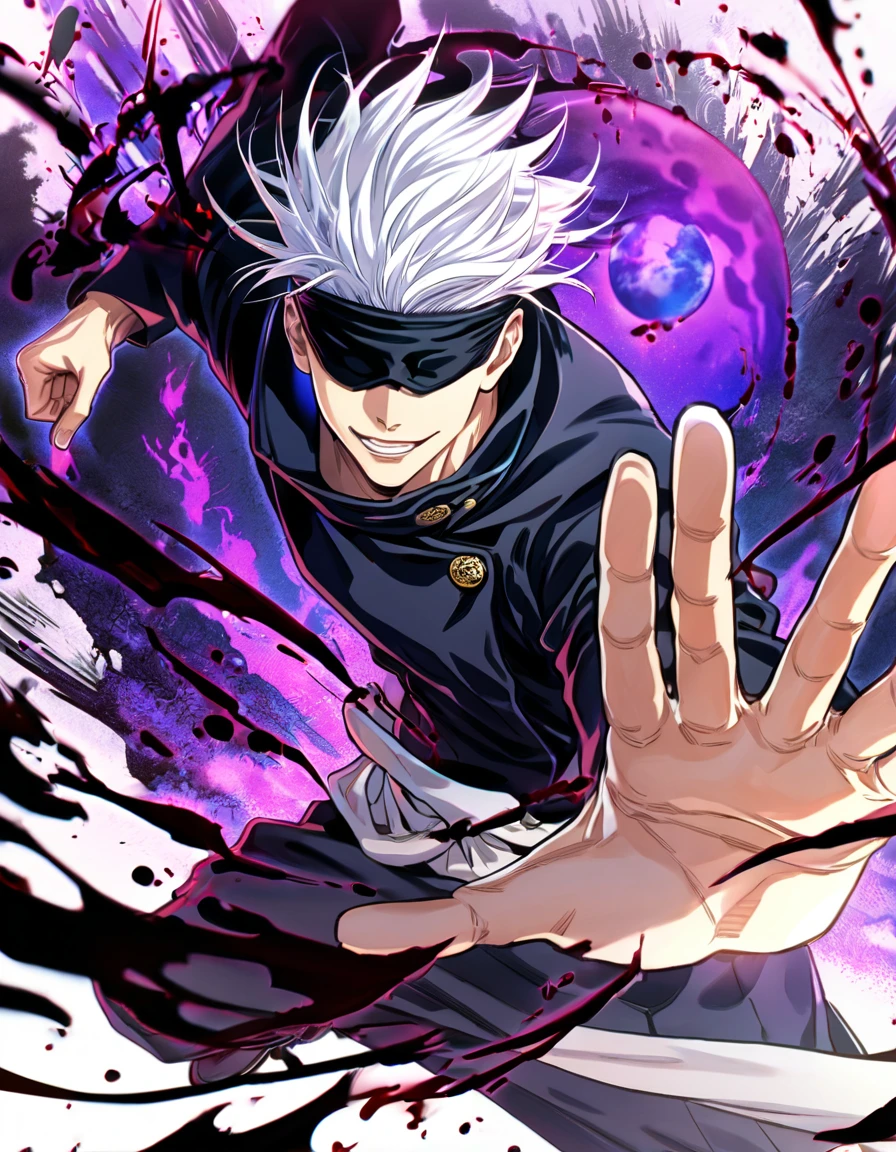 absurdres, highres, ultra detailed, HDR, master piece, Gojou Satoru, white hair, blindfolded eyes, black shirt, Jujutsu Kaisen, man, handsome, best quality, blue moon, magical, solo, water Jujutsu Kaisen uniform, handsome smile, purple aura, fight pose, dynamic positon, bloodshed background