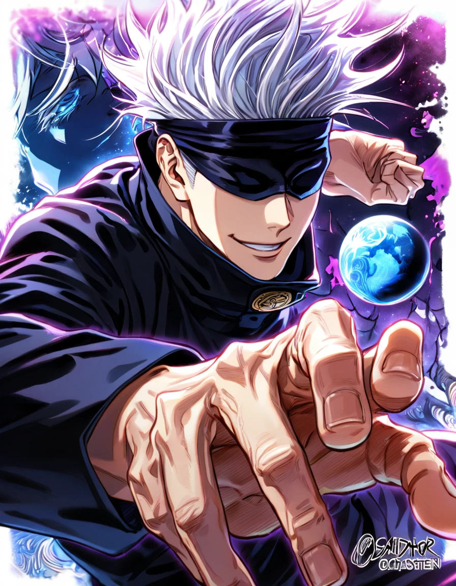 absurdres, highres, ultra detailed, HDR, master piece, Gojou Satoru, white hair, blindfolded eyes, black shirt, Jujutsu Kaisen, man, handsome, best quality, blue moon, magical, solo, water Jujutsu Kaisen uniform, handsome smile, purple aura, fight pose, dynamic positon, bloodshed background